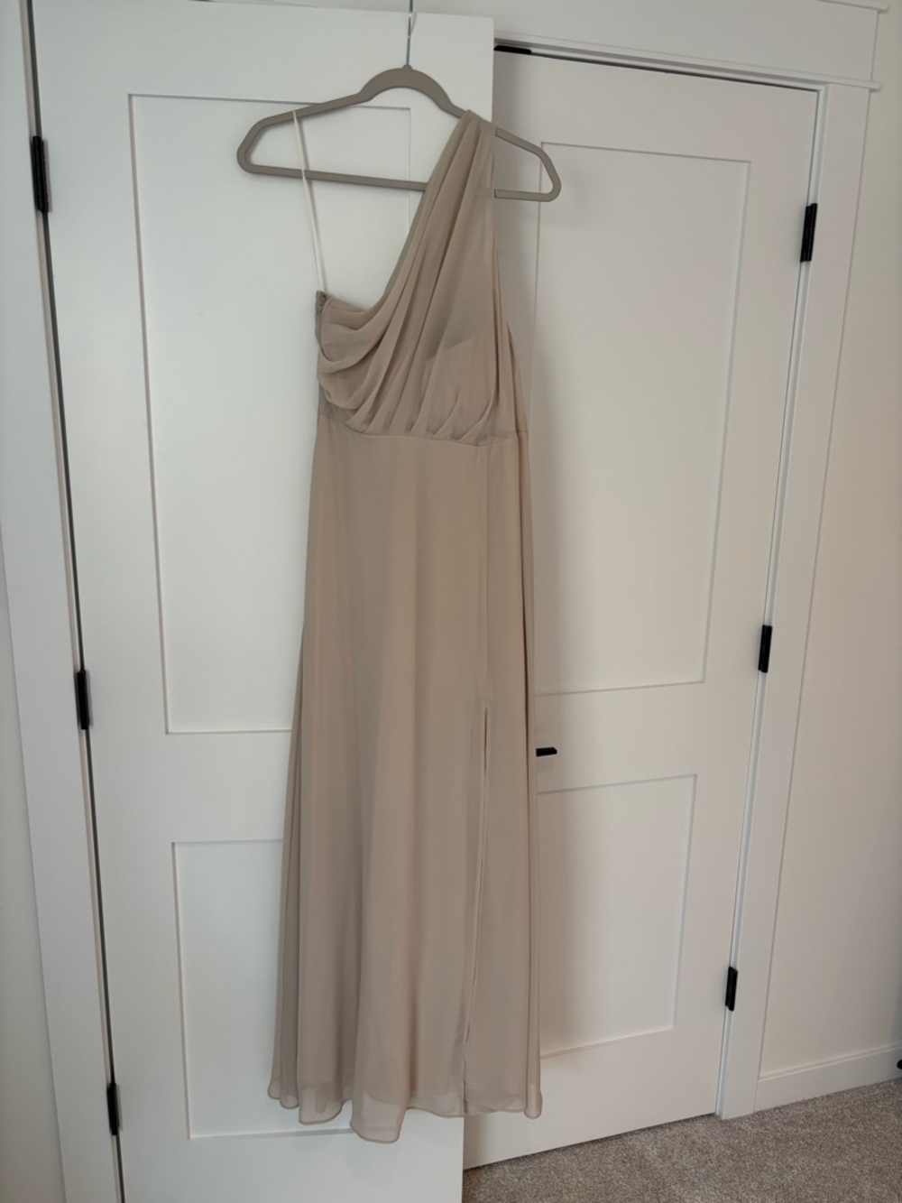 Birdy Grey One-Shoulder Chiffon Gown in Neutral Champagne